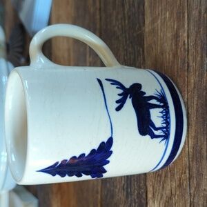 Vintage Hand Painted Blue and Cream Stoneware Pottery Moose Cup Mug